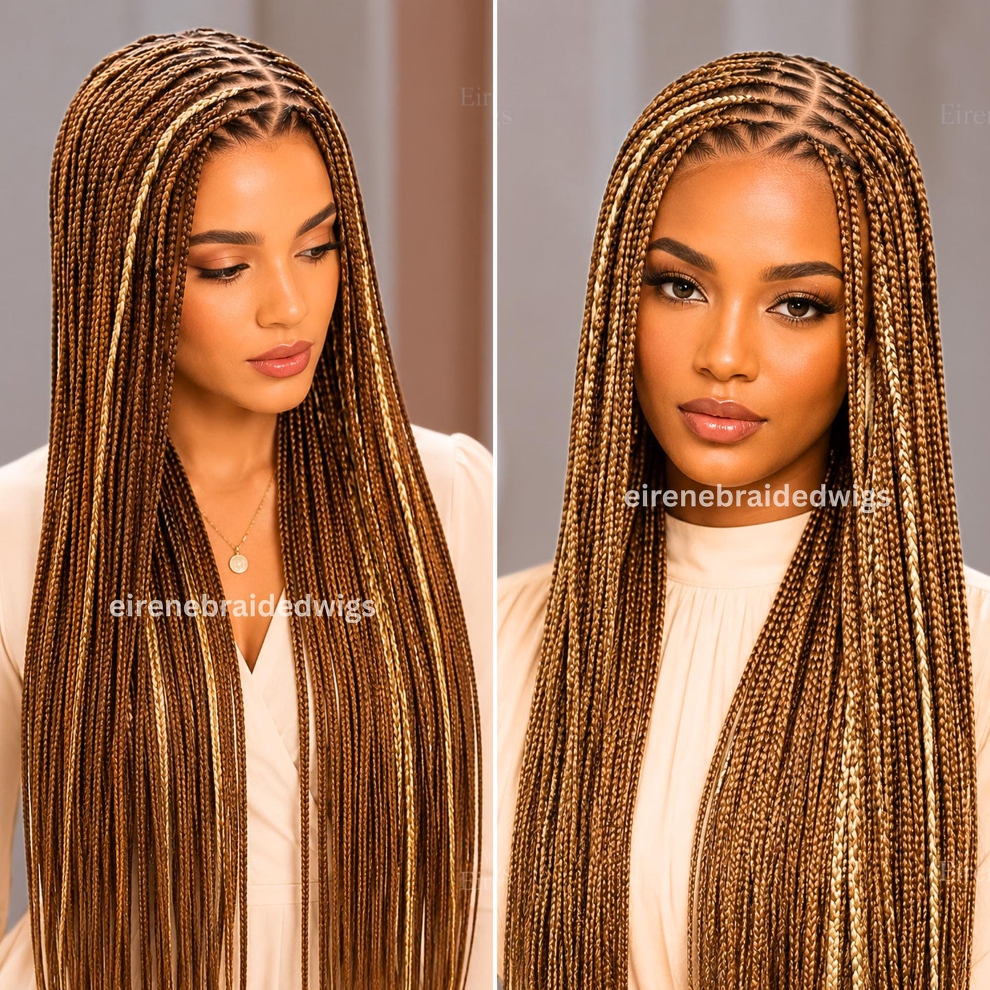 Braided Wigs for Black Women – Bone Straight Black/Brown Ombre Knotless C-curve Single Box Braids Wig with Baby Hair – Lace frontal – product image 1