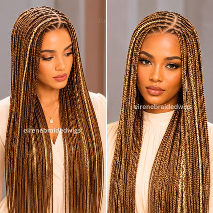 Braided Wigs for Black Women – Bone Straight Black/Brown Ombre Knotless C-curve Single Box Braids Wig with Baby Hair – Lace frontal – product image 1