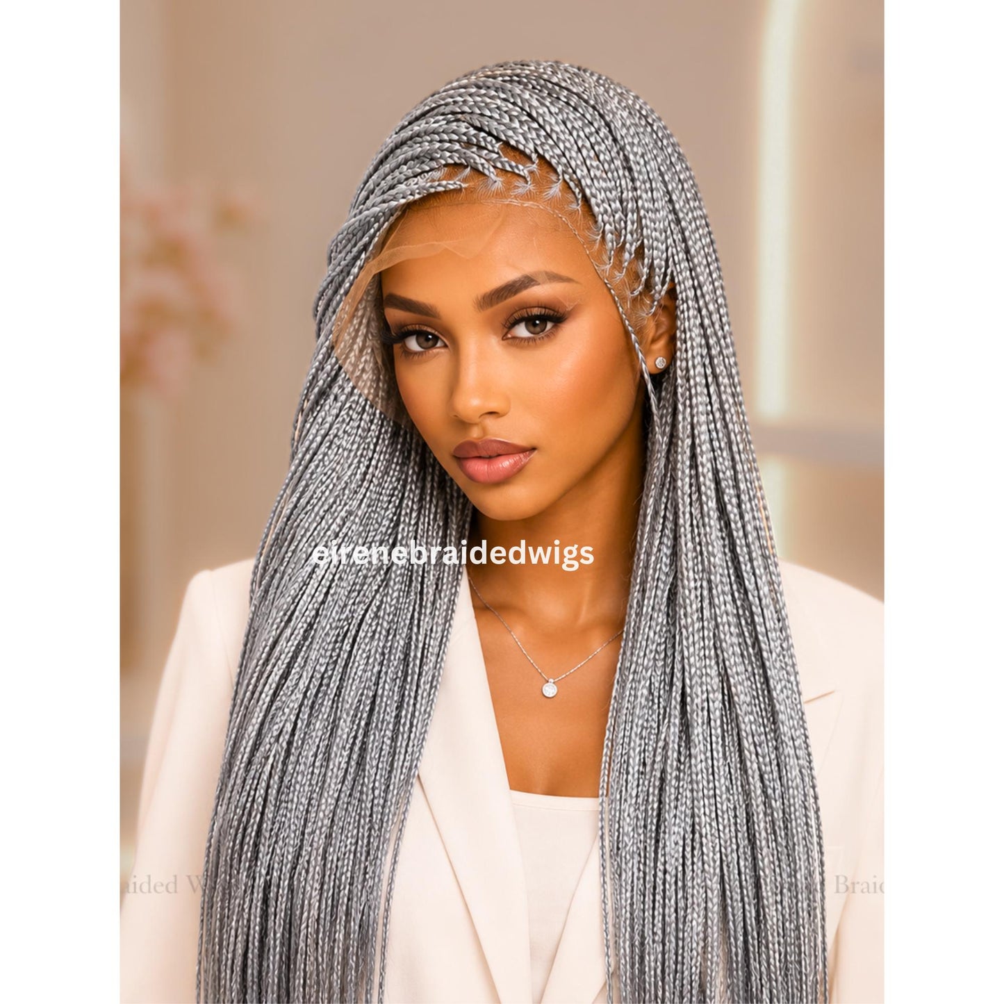Braided Wigs for Black Women Knotless Box Braided Wig – Long Silver Grey Boho Full Lace Wig – product image 1