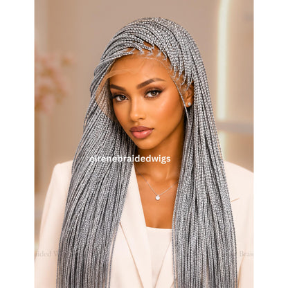 Braided Wigs for Black Women Knotless Box Braided Wig – Long Silver Grey Boho Full Lace Wig – product image 1