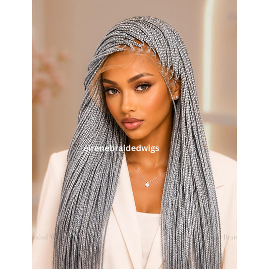 Braided Wigs for Black Women Knotless Box Braided Wig – Long Silver Grey Boho Full Lace Wig – product image 1