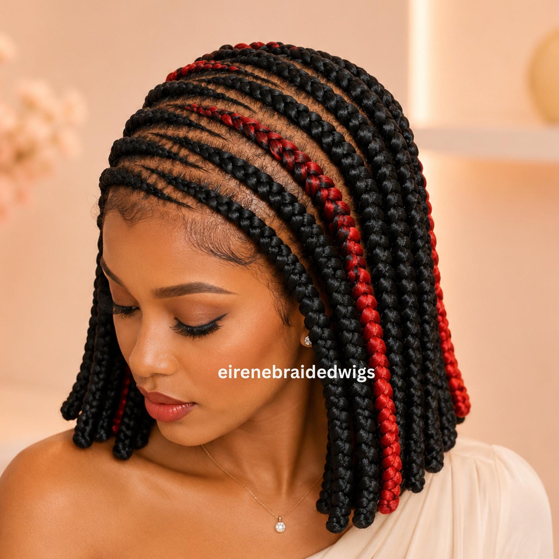 Braided Wigs for Black Women Bob Braided Wig – Black Red Short Cornrow Wig with Baby Hair/ Centre Parting – Bantu Knots Full Lace Wig – product image 3