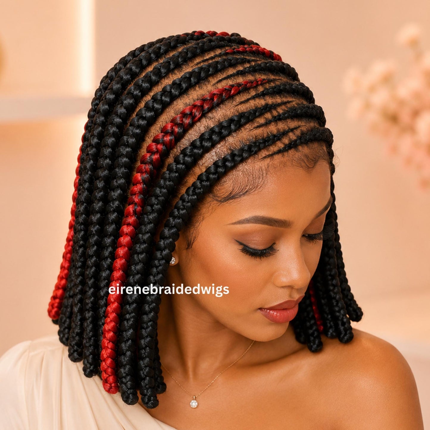 Braided Wigs for Black Women Bob Braided Wig – Black Red Short Cornrow Wig with Baby Hair/ Centre Parting – Bantu Knots Full Lace Wig – product image 1