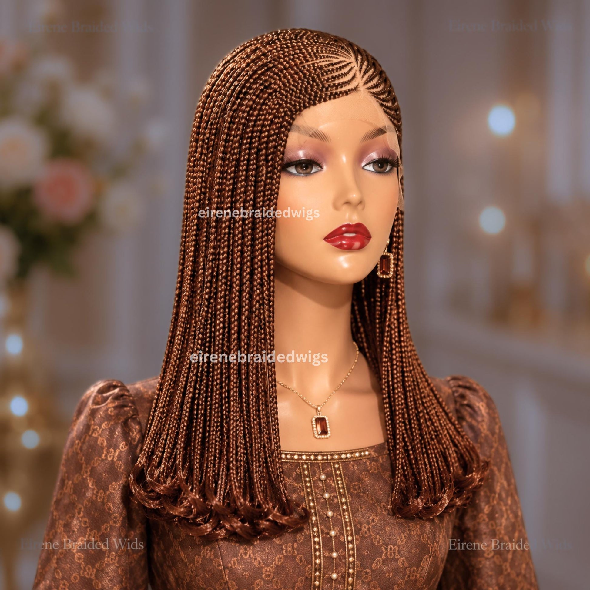 Braided Wigs for Black Women – Brown Curly Bob Cornrow Wig – 16-Inch Lace Frontal Black Box Braids – product image 2