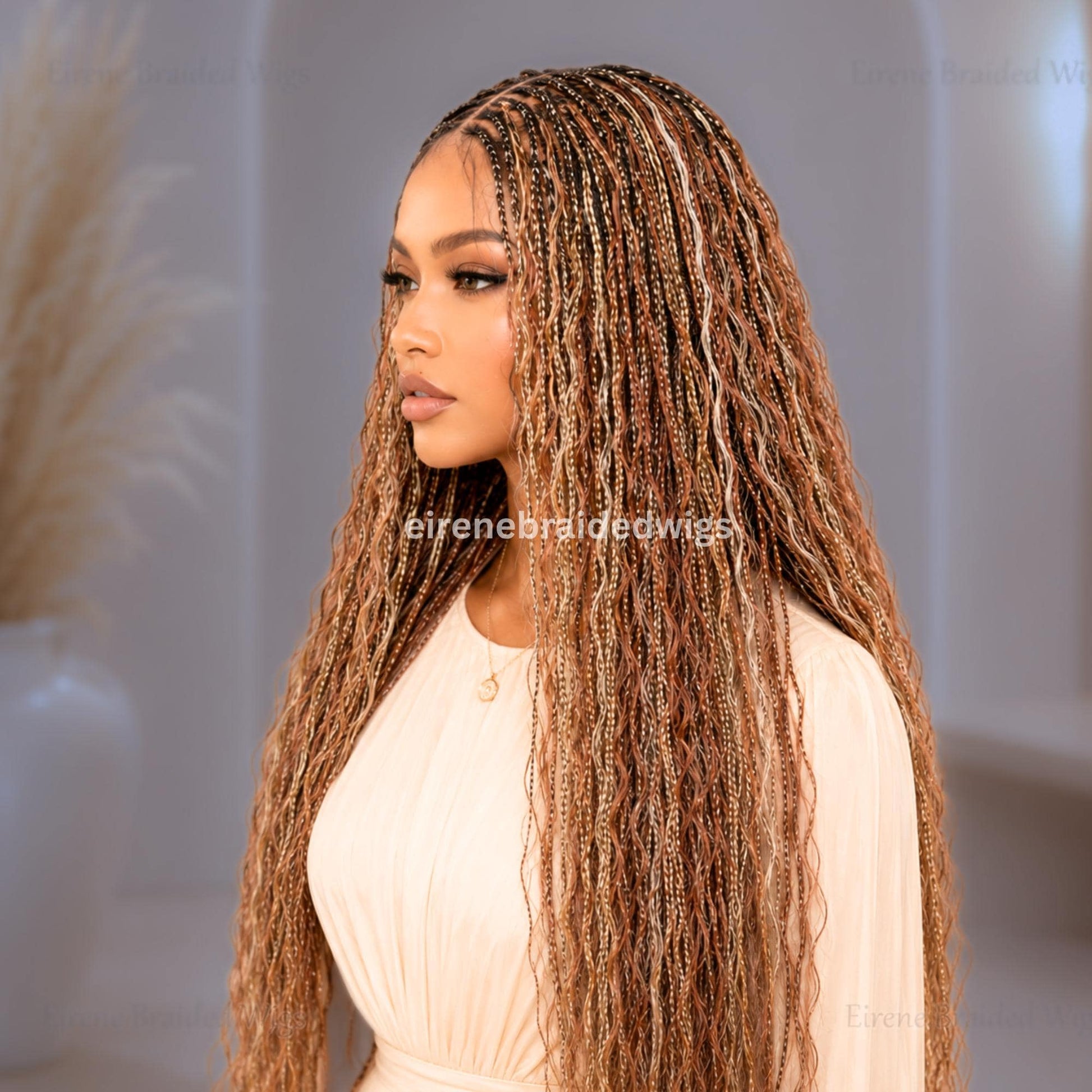 Braided Wigs for Black Women – Curly Knotless Boho Braid Wig – Blonde Platinum Gold Silver Wavy Human Hair Blend – product image 4