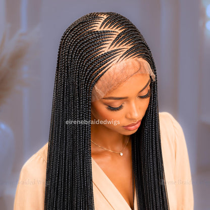 Braided Wigs for Black Women – 30" Brown Black Zigzag Cornrow Braids Wig – Long Middle Part Lace Frontal African Wig – product image 1