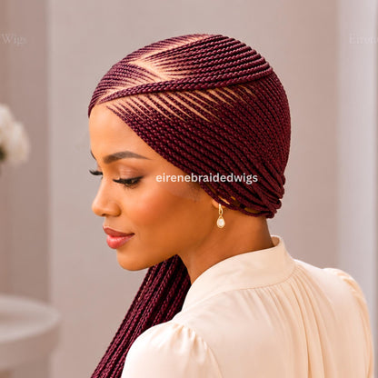 Braided Wigs for Black Women – Red Burgundy Brunette Lace Frontal C-curve Braided Wig – Fulani Tribal Cornrow –  – product image 2