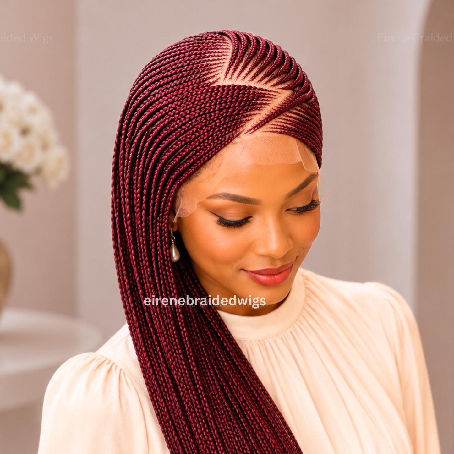 Braided Wigs for Black Women – Red Burgundy Brunette Lace Frontal C-curve Braided Wig – Fulani Tribal Cornrow –  – product image 7
