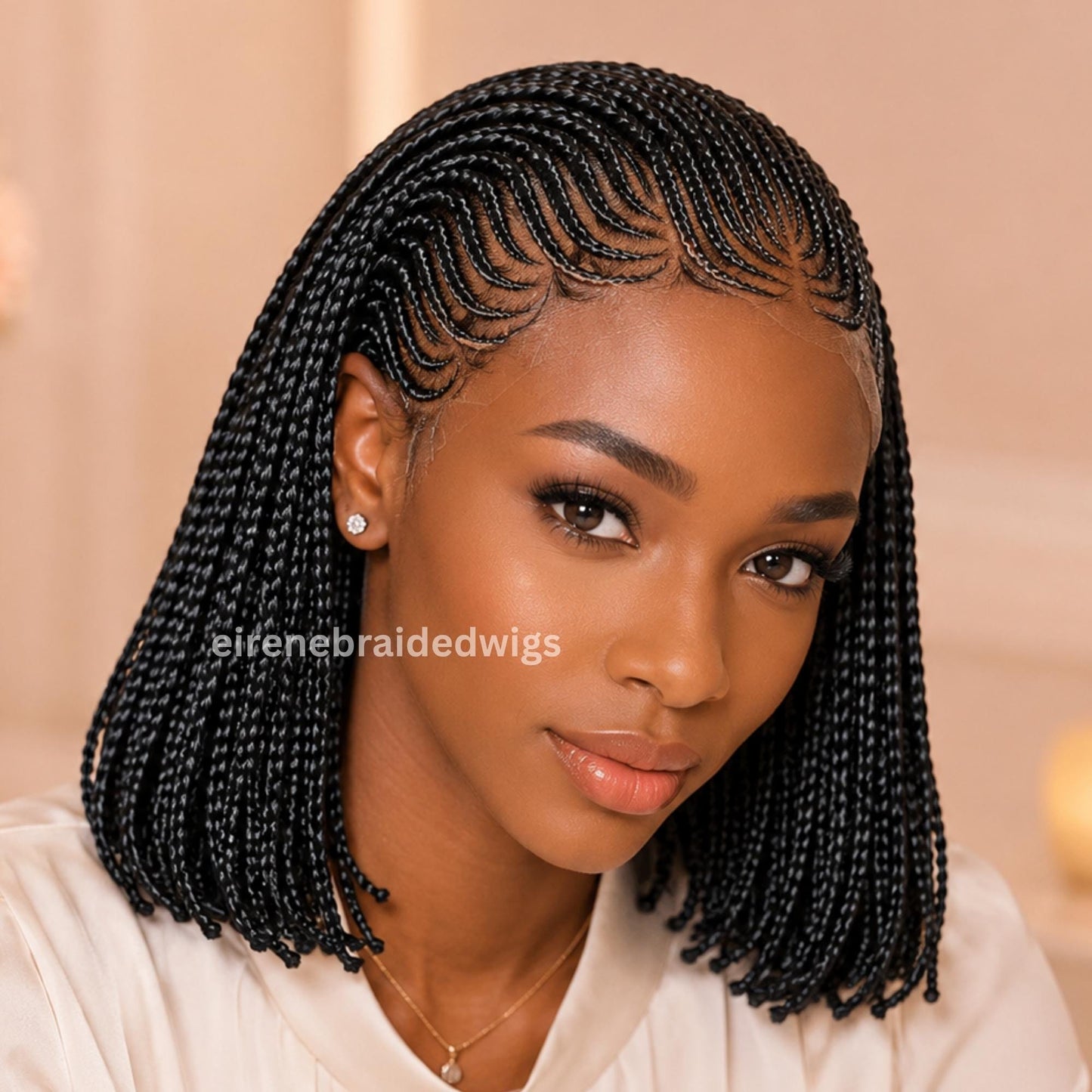 Bob Cornrow braided wig for Black Women – Brown Curly human hair lace-frontal african tribal light-weight side-parting 10-inch – product image 3