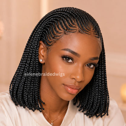 Bob Cornrow braided wig for Black Women – Brown Curly human hair lace-frontal african tribal light-weight side-parting 10-inch – product image 3