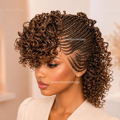 Braided Wigs for Black Women – Brown Short Curly Braided Full Lace Mohawk Cornrow wig – Tribal Updo – Fringe Braids with Bangs – product image 5
