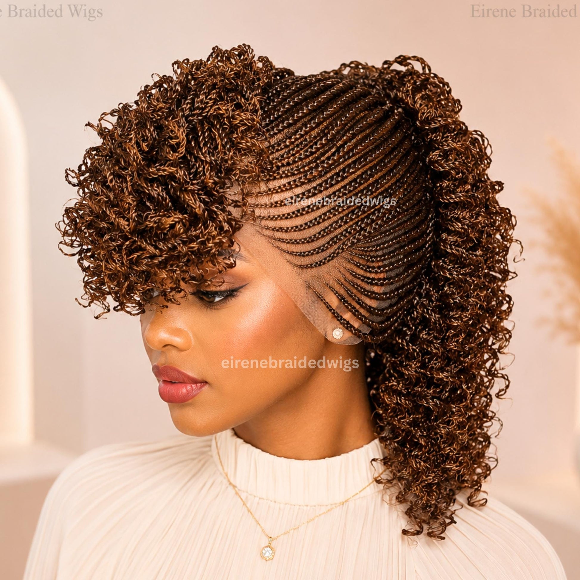 Braided Wigs for Black Women – Brown Short Curly Braided Full Lace Mohawk Cornrow wig – Tribal Updo – Fringe Braids with Bangs – product image 3