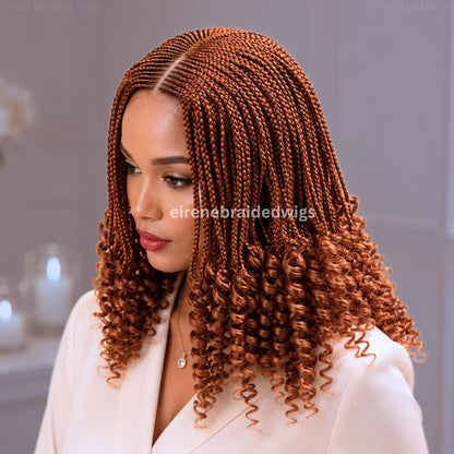 Braided Wig for Black Women – Curly Golden Brown Short Bob Lace Closure Braids Wig – Fulani Cornrow Full Density Curly wig – product image 2
