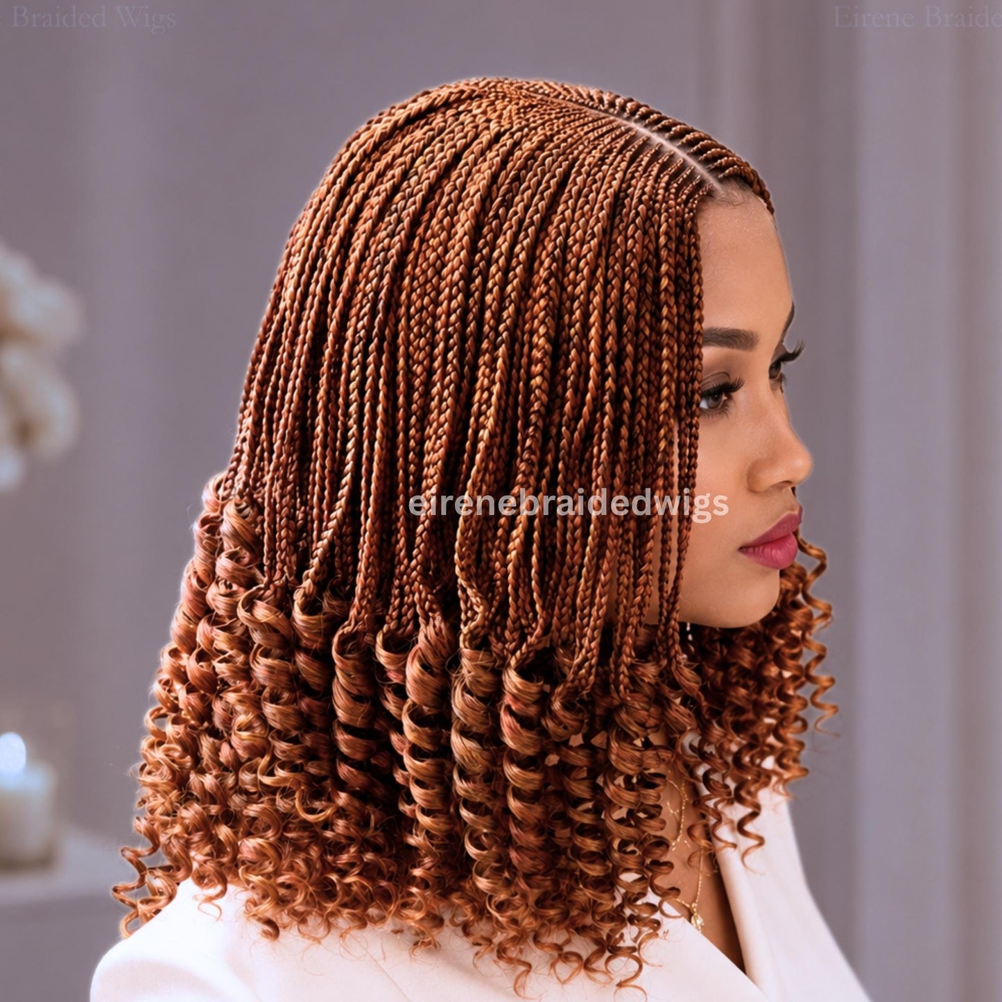 Braided Wig for Black Women – Curly Golden Brown Short Bob Lace Closure Braids Wig – Fulani Cornrow Full Density Curly wig – product image 4