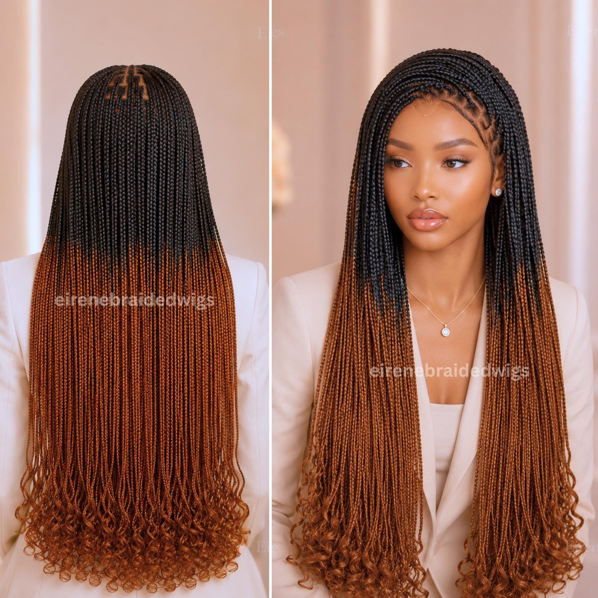 Curly Braided Wigs for Black Women – Knotless Lace Frontal Box Braided Wig – Long Black Brown Ombre Wig – product image 2