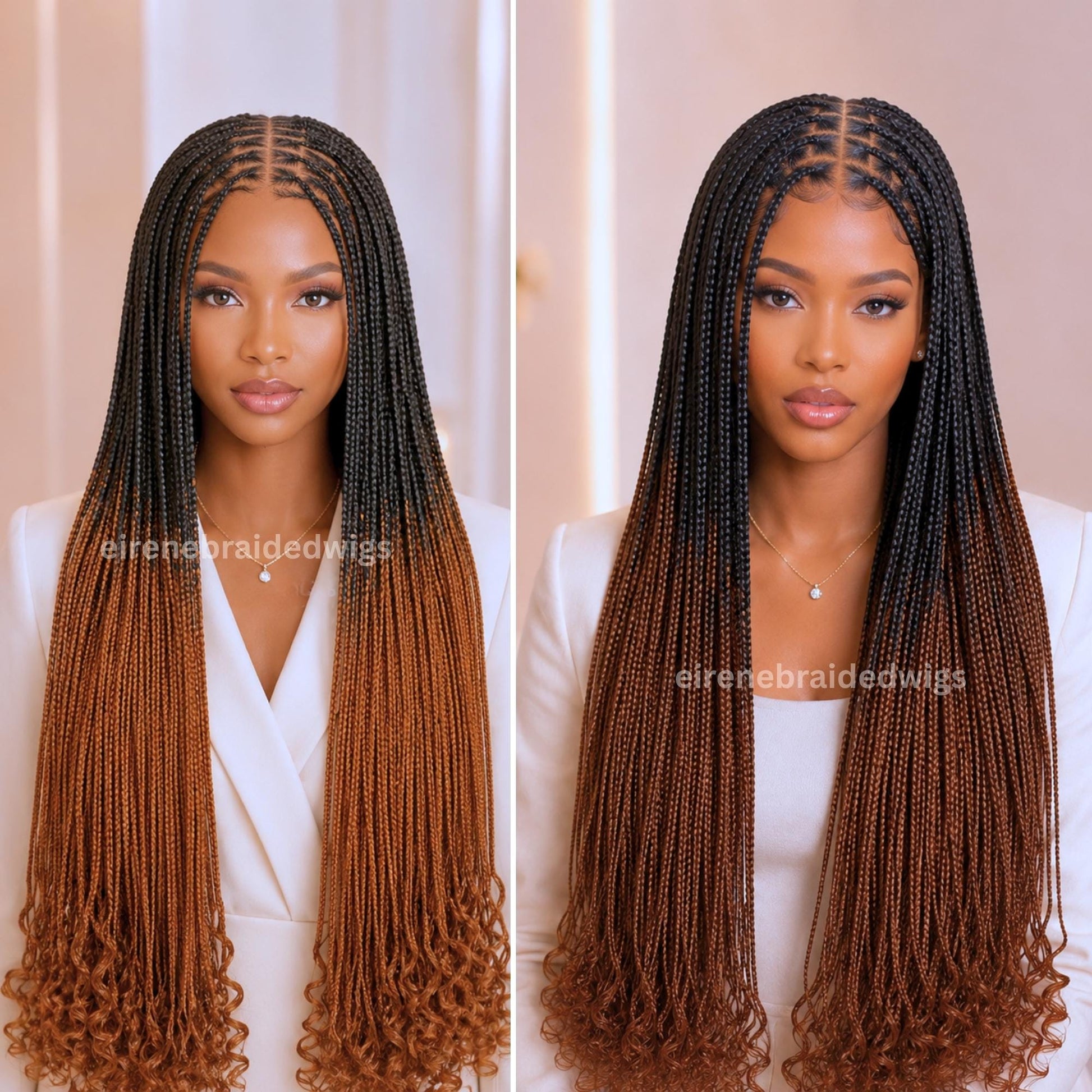Curly Braided Wigs for Black Women – Knotless Lace Frontal Box Braided Wig – Long Black Brown Ombre Wig – product image 3