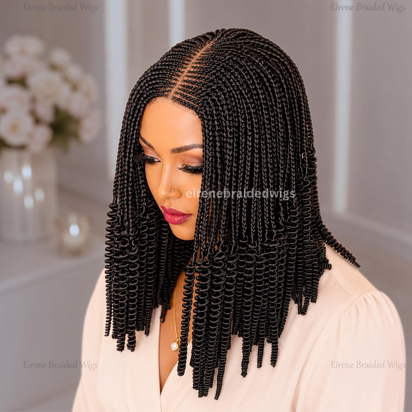 Braided Wigs for Black Women – 14inch Braided Bob Wig – Black Fulani Cornrow Human Hair Blend Lace Closure – product image 2