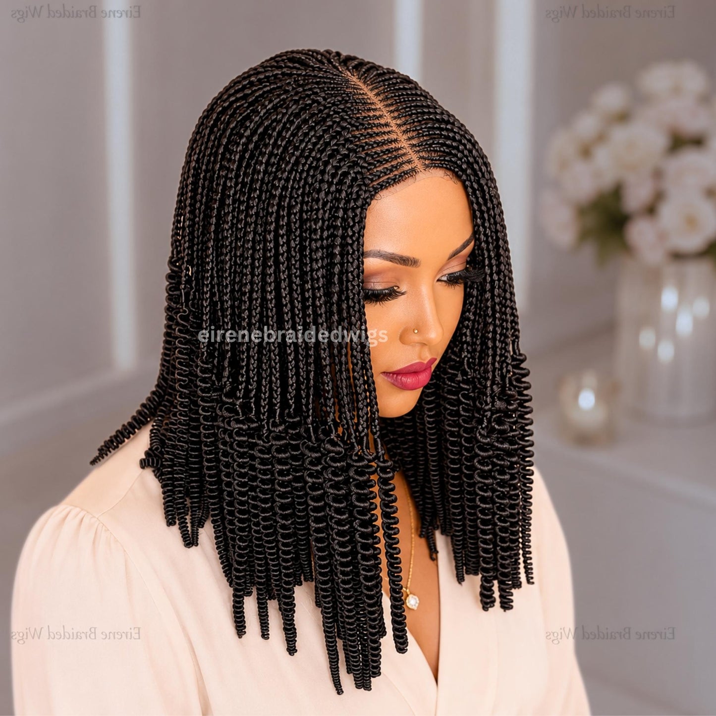 Braided Wigs for Black Women – 14inch Braided Bob Wig – Black Fulani Cornrow Human Hair Blend Lace Closure – product image 1