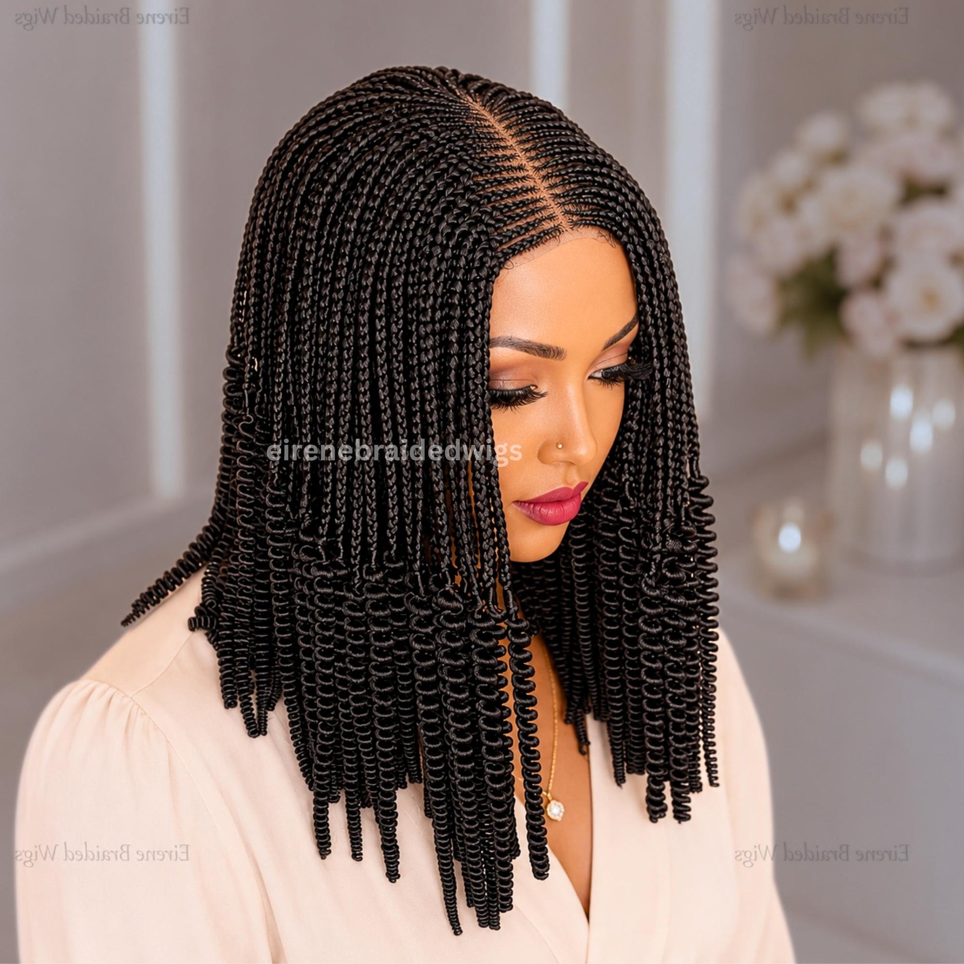 Braided Wigs for Black Women – 14inch Braided Bob Wig – Black Fulani Cornrow Human Hair Blend Lace Closure – product image 1