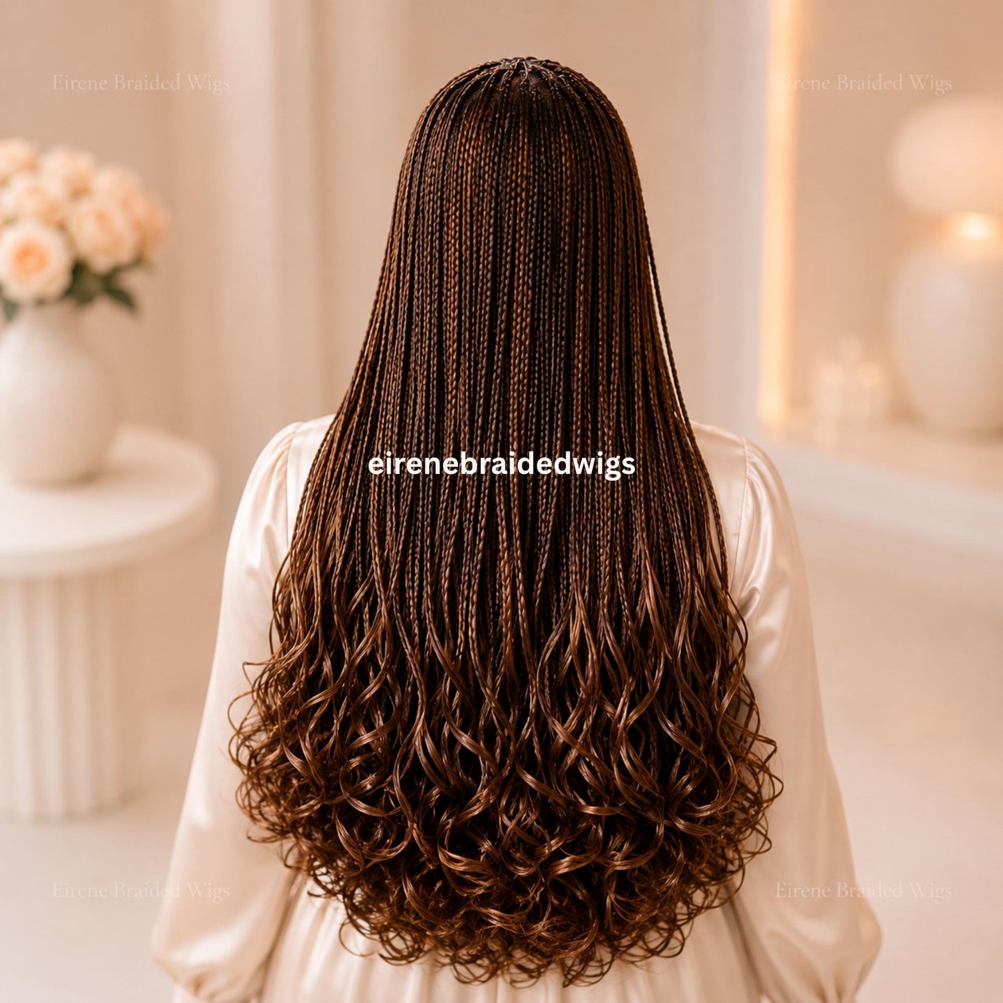 Braided Wig for Black Women – Knotless Braid Wig – Golden Brown Spanish Curls – Single Box Braids French Wave – Human Hair Lace Closure – product image 4