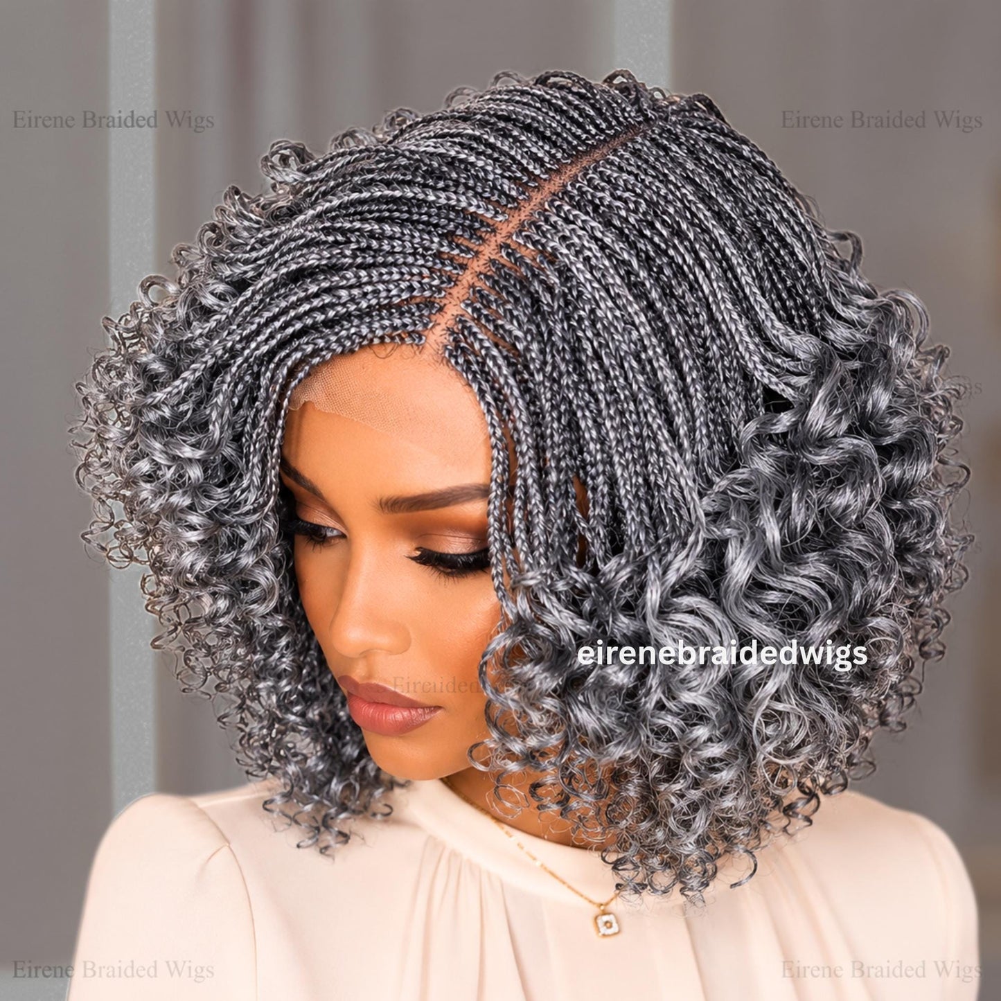 Braided Wigs for Black Women – 10 Inch Curly Salt and Pepper Single Box Braids Wig – Lightweight Lace Closure Wig – product image 4