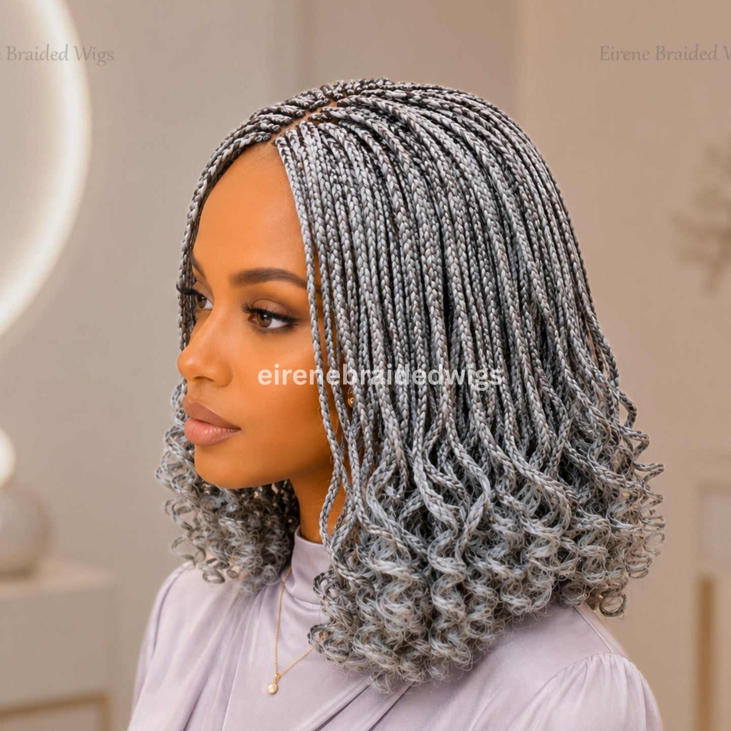 Braided Wigs for Black Women – 10 Inch Curly Salt and Pepper Single Box Braids Wig – Lightweight Lace Closure Wig – product image 2