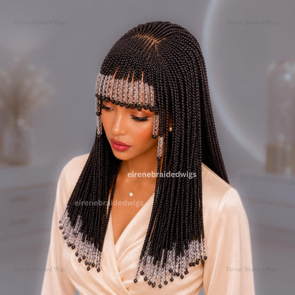 Braided Wigs for Black Women Beaded Braided Wig with Bangs – 16-inch Bob – Lace Frontal – product image 1