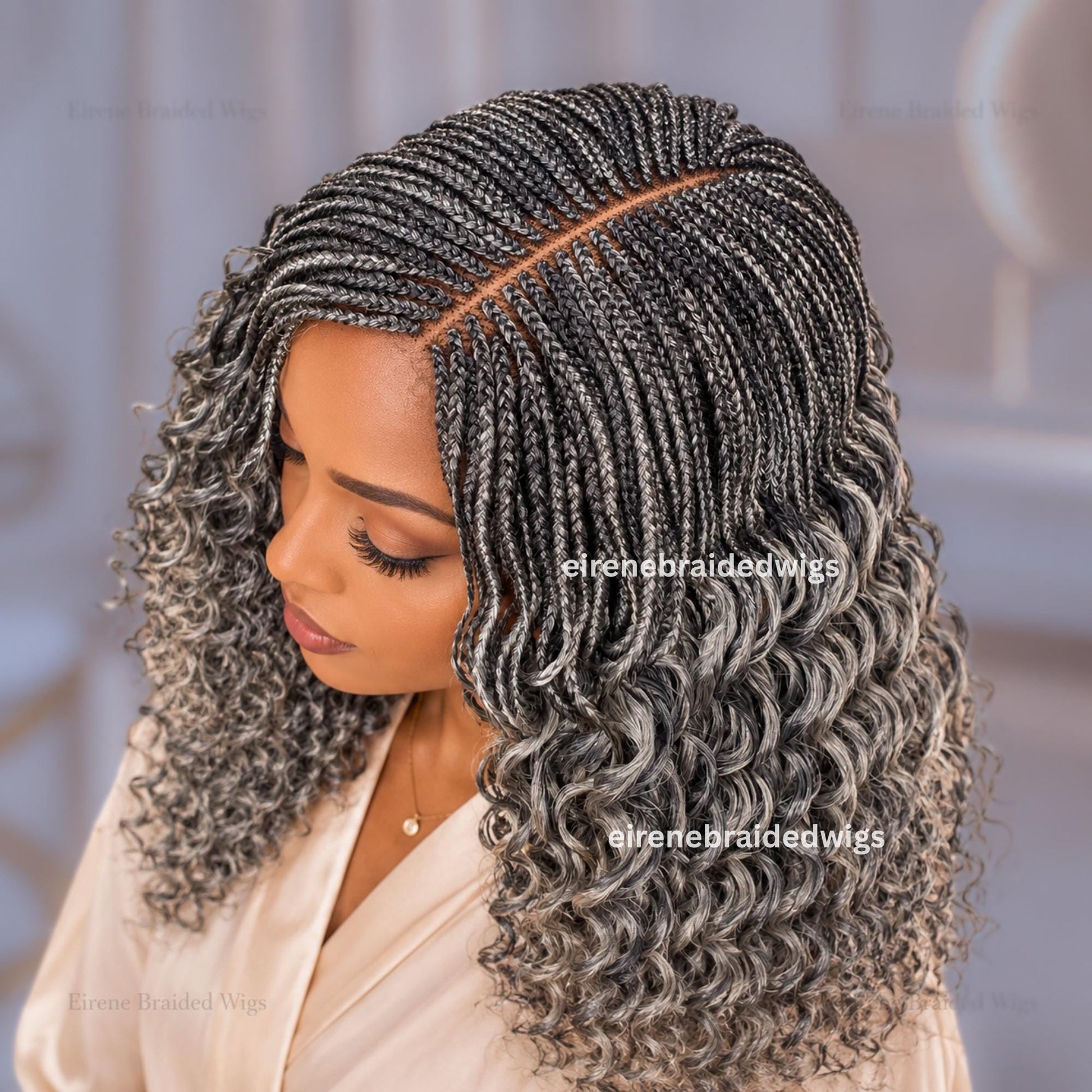 Braided Wig for Black Women – Salt and Pepper Silver Grey Curly Lace Closure Single Braids Wig – product image 1