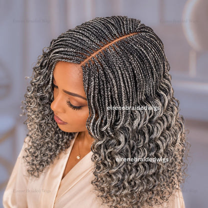 Braided Wig for Black Women – Salt and Pepper Silver Grey Curly Lace Closure Single Braids Wig – product image 1