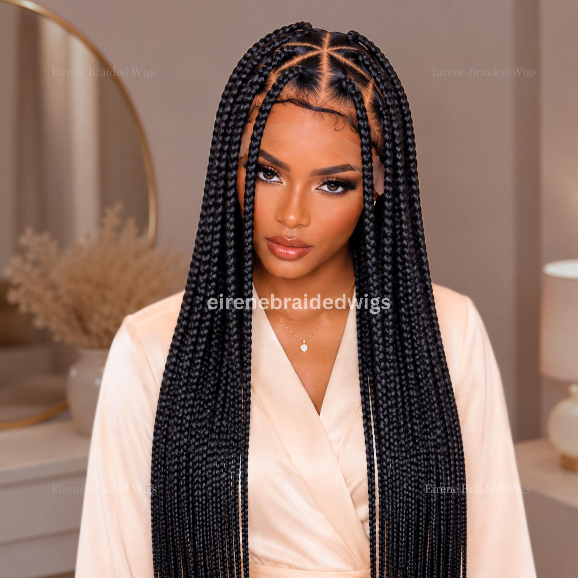 Braided Wig for Black Women – Triangle Diamond Cut Black Chunky Knotless Single Box Braids Wig – Full Lace Baby Hair Jumbo Afro – product image 5