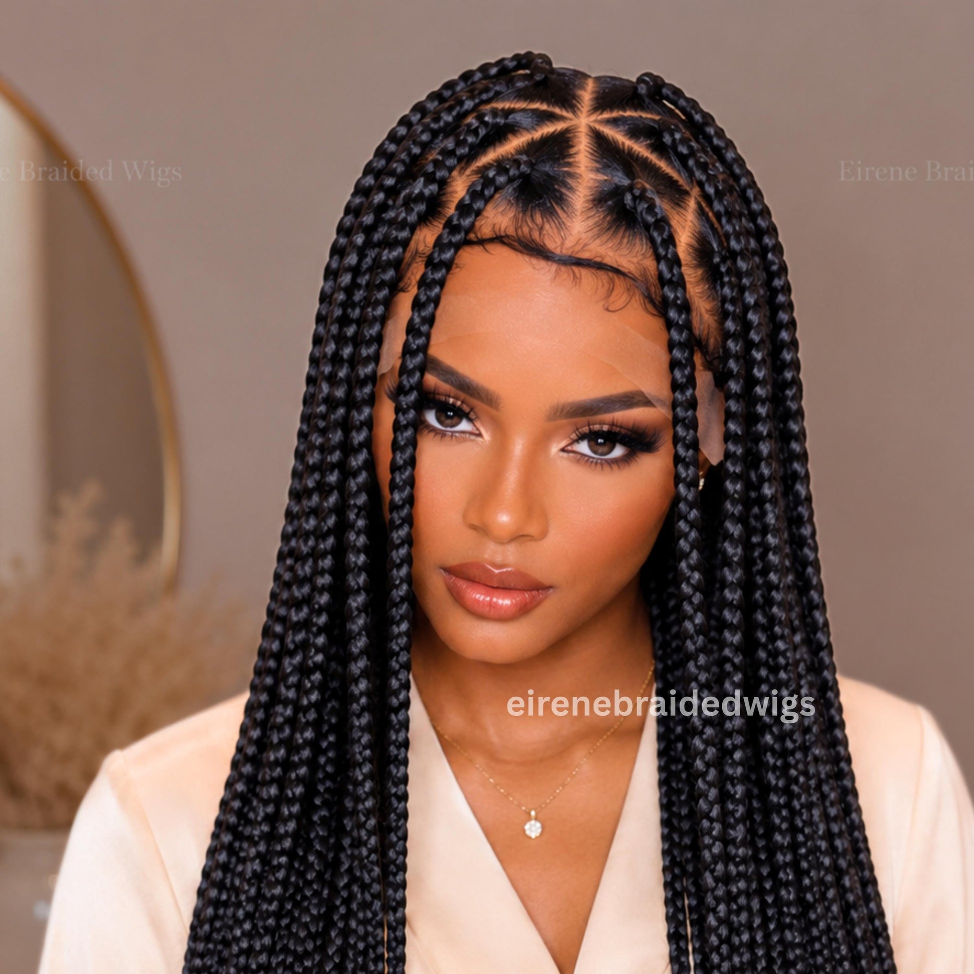 Braided Wig for Black Women – Triangle Diamond Cut Black Chunky Knotless Single Box Braids Wig – Full Lace Baby Hair Jumbo Afro – product image 6