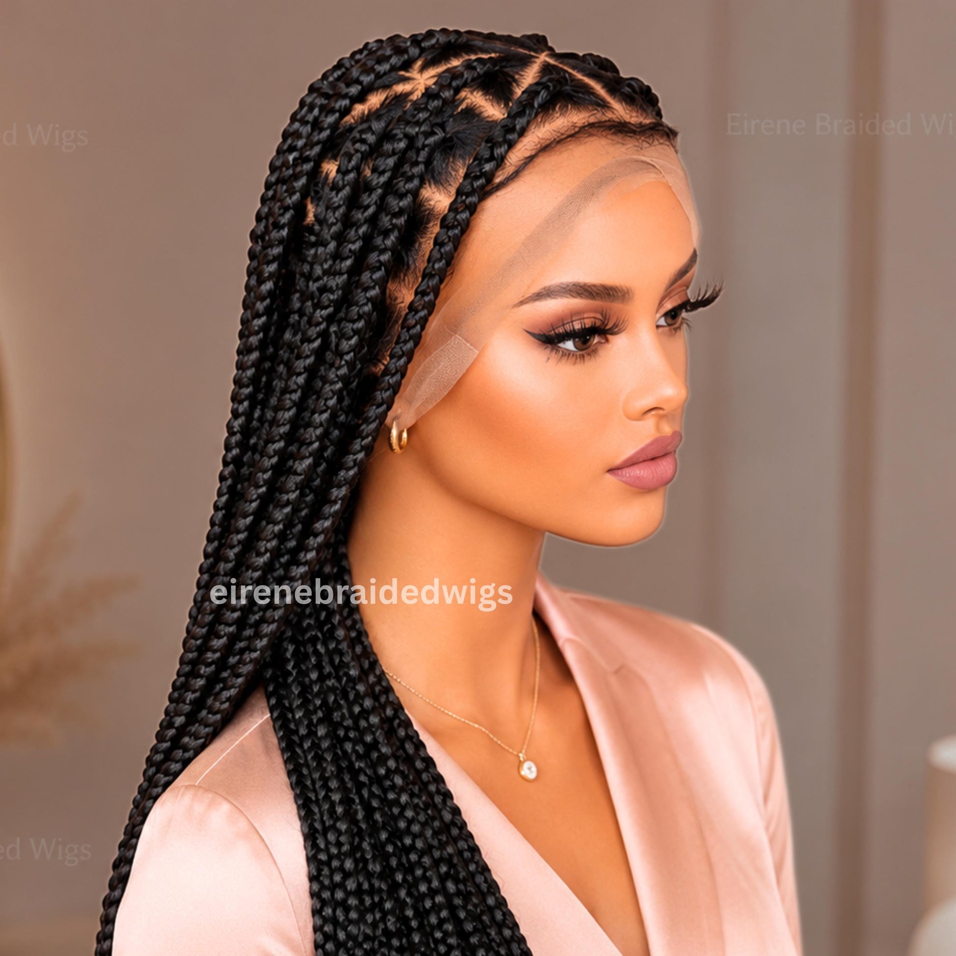 Braided Wig for Black Women – Triangle Diamond Cut Black Chunky Knotless Single Box Braids Wig – Full Lace Baby Hair Jumbo Afro – product image 4