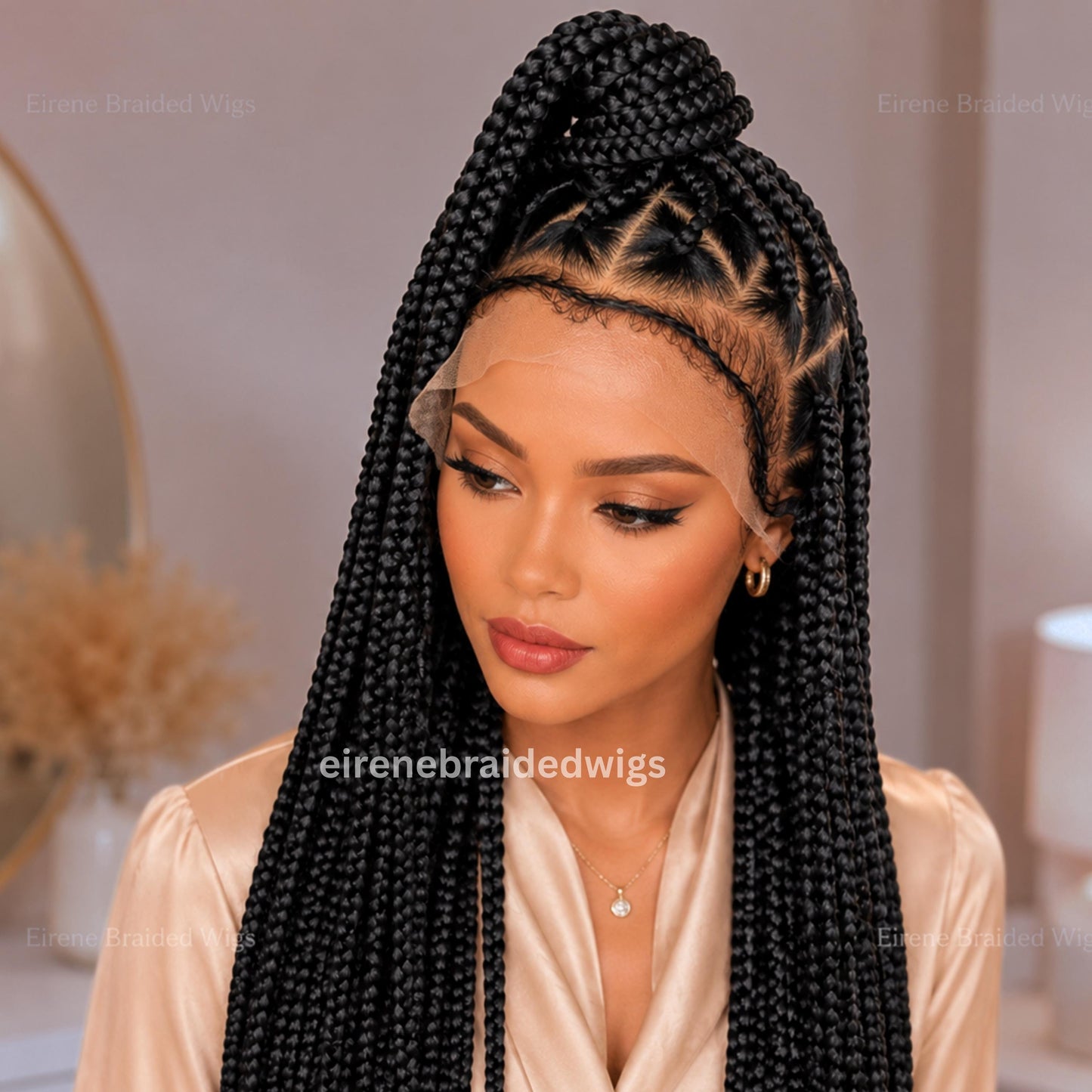 Braided Wig for Black Women – Triangle Diamond Cut Black Chunky Knotless Single Box Braids Wig – Full Lace Baby Hair Jumbo Afro – product image 2