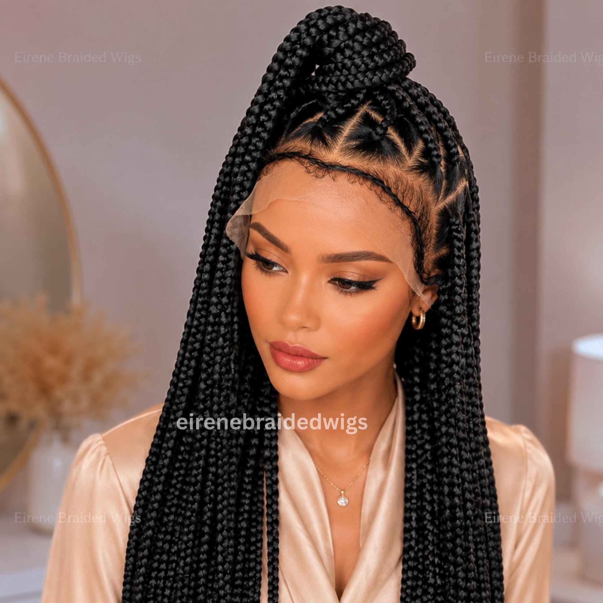 Braided Wig for Black Women – Triangle Diamond Cut Black Chunky Knotless Single Box Braids Wig – Full Lace Baby Hair Jumbo Afro – product image 2