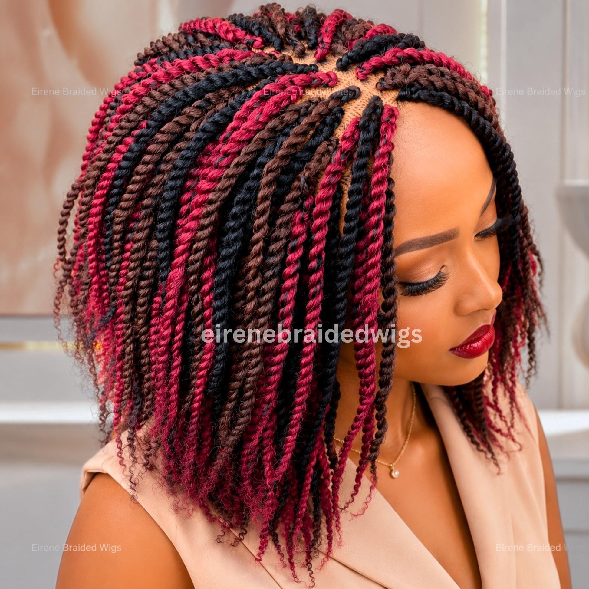 Brown Black Red Spring Twist Braided Wigs for Black Women – Light-weight Lace Closure Bob Wig – product image 4