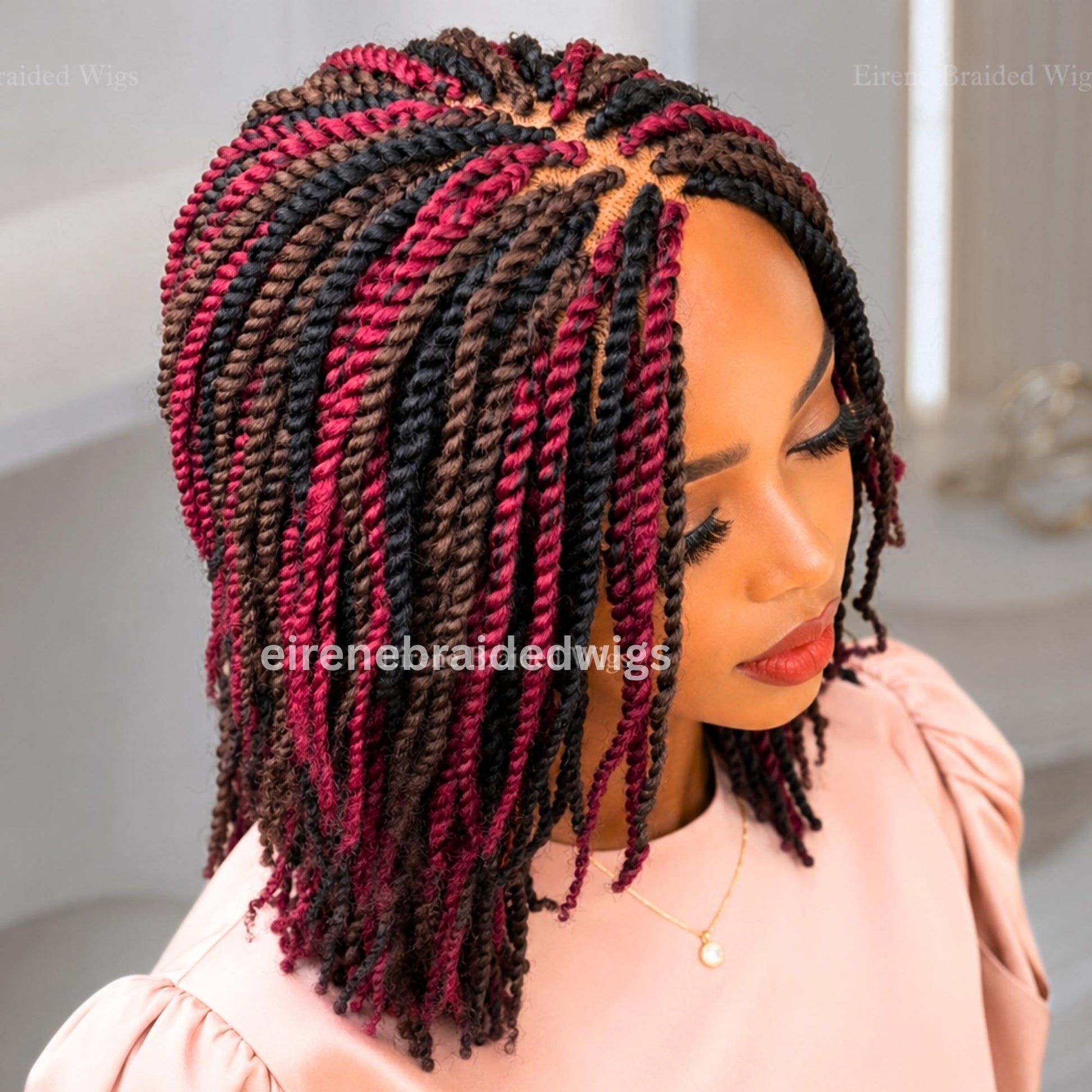 Brown Black Red Spring Twist Braided Wigs for Black Women – Light-weight Lace Closure Bob Wig – product image 5