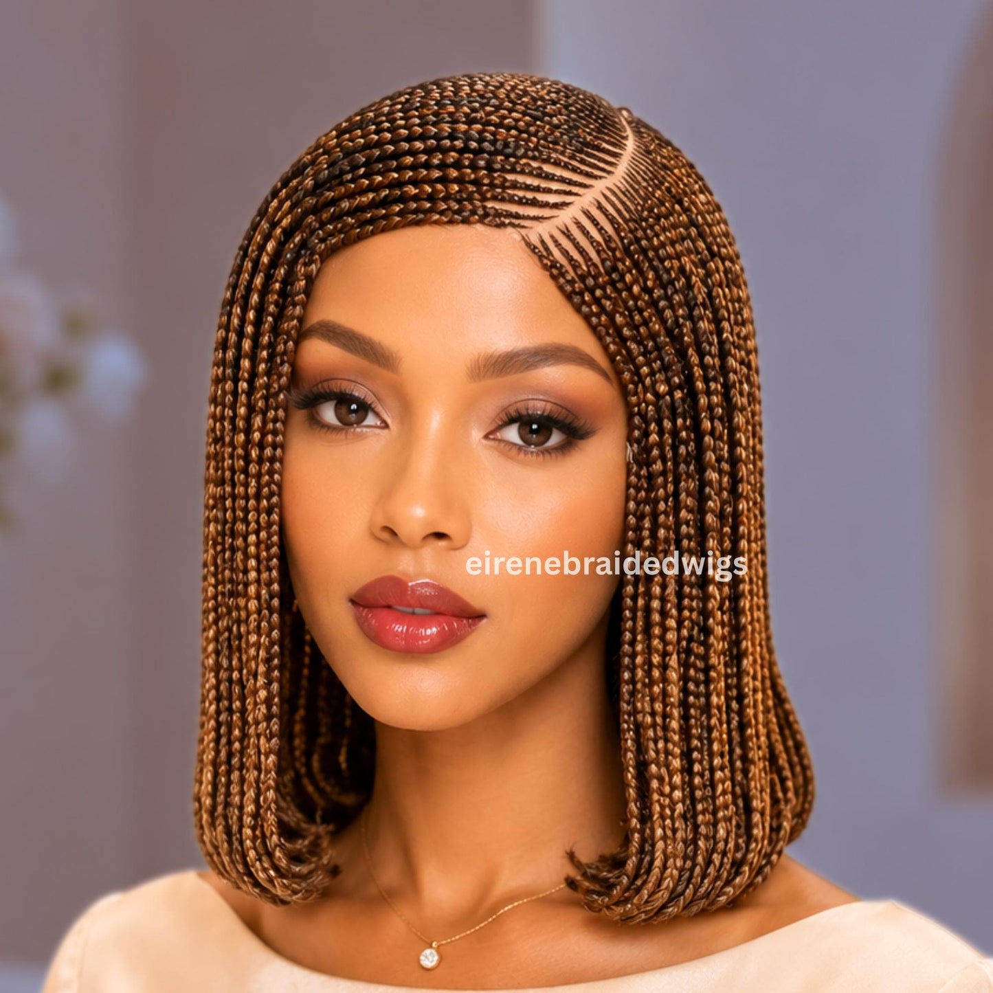 Bob Cornrow braided wig for Black Women – Golden Brown Curly human hair lace-frontal african tribal light-weight side-parting 14-inch – product image 1
