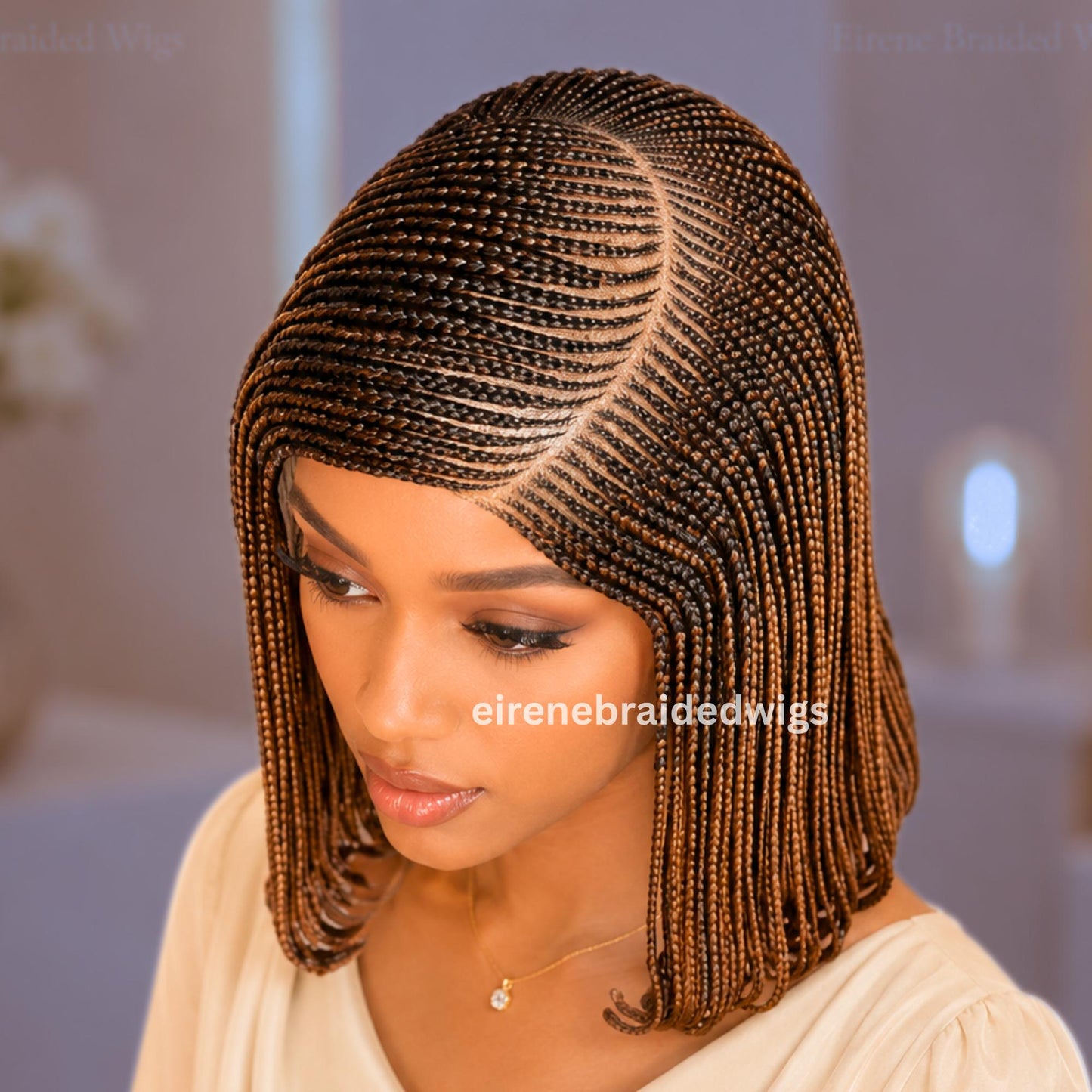 Bob Cornrow braided wig for Black Women – Golden Brown Curly human hair lace-frontal african tribal light-weight side-parting 14-inch – product image 2