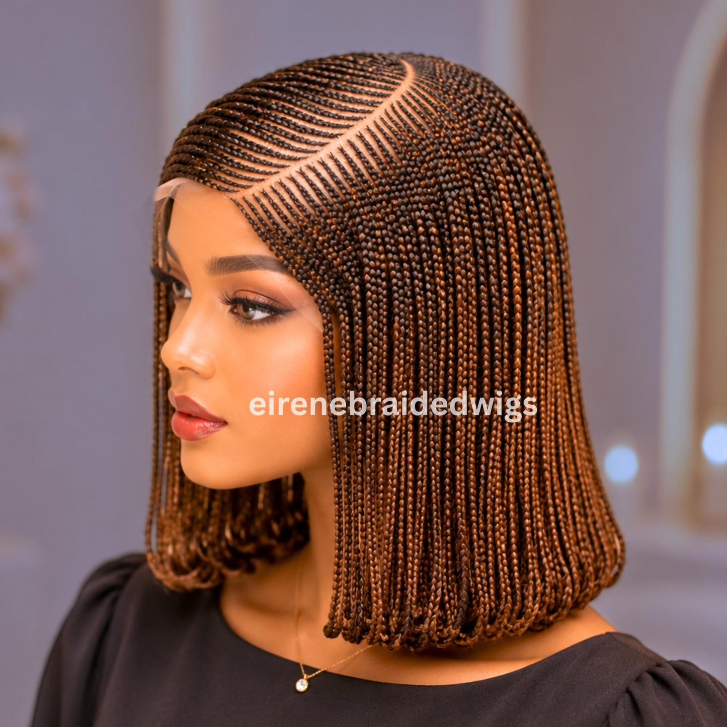 Bob Cornrow braided wig for Black Women – Golden Brown Curly human hair lace-frontal african tribal light-weight side-parting 14-inch – product image 4