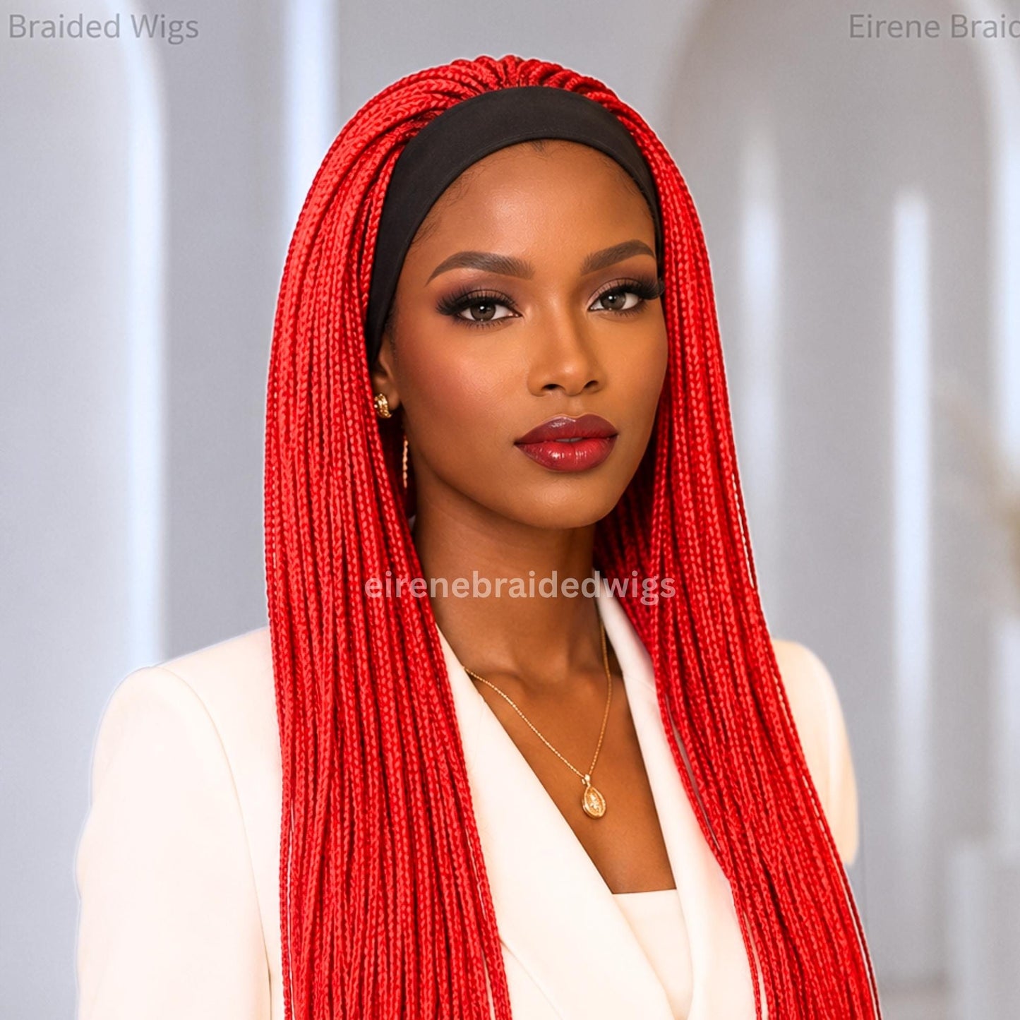 Red Braided Wigs for Black Women – Braided Headband Wig – Long Box Braids – Crochet Ponytail Updo – product image 1