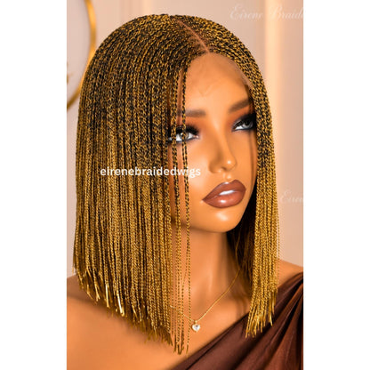 Braided Wigs for Black Women Short Bob Braided Micro Twist Wig – Human Hair Lace Closure – Red Black Purple – product image 1