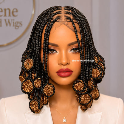 Full Lace Knotless Box Braided Wig – Short Bob Glueless Braids Wig – Handmade African Koroba Wig – Single Braids Rose Coil – product image 1