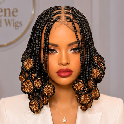 Full Lace Knotless Box Braided Wig – Short Bob Glueless Braids Wig – Handmade African Koroba Wig – Single Braids Rose Coil – product image 3