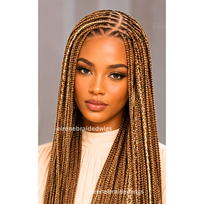 Braided Wigs for Black Women – Bone Straight Black/Brown Ombre Knotless C-curve Single Box Braids Wig with Baby Hair – Lace frontal – product image 3