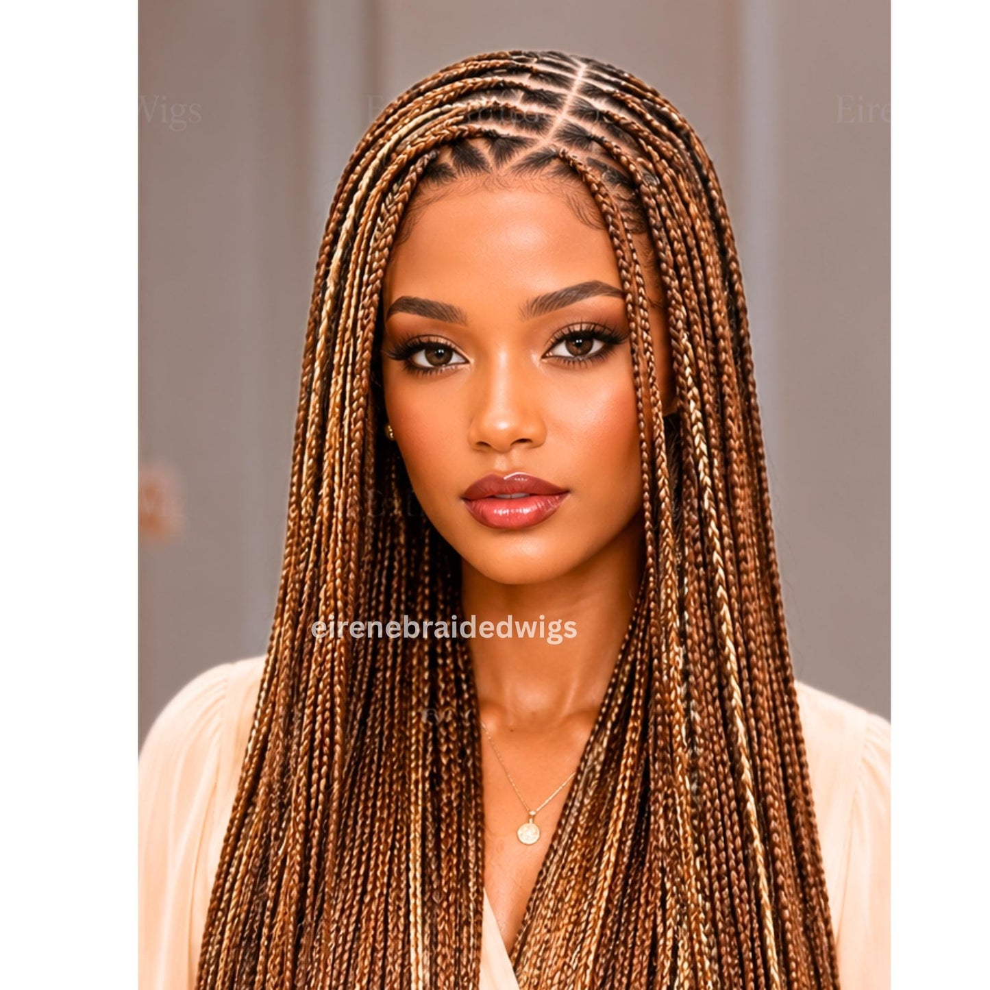 Braided Wigs for Black Women – Bone Straight Black/Brown Ombre Knotless C-curve Single Box Braids Wig with Baby Hair – Lace frontal – product image 5