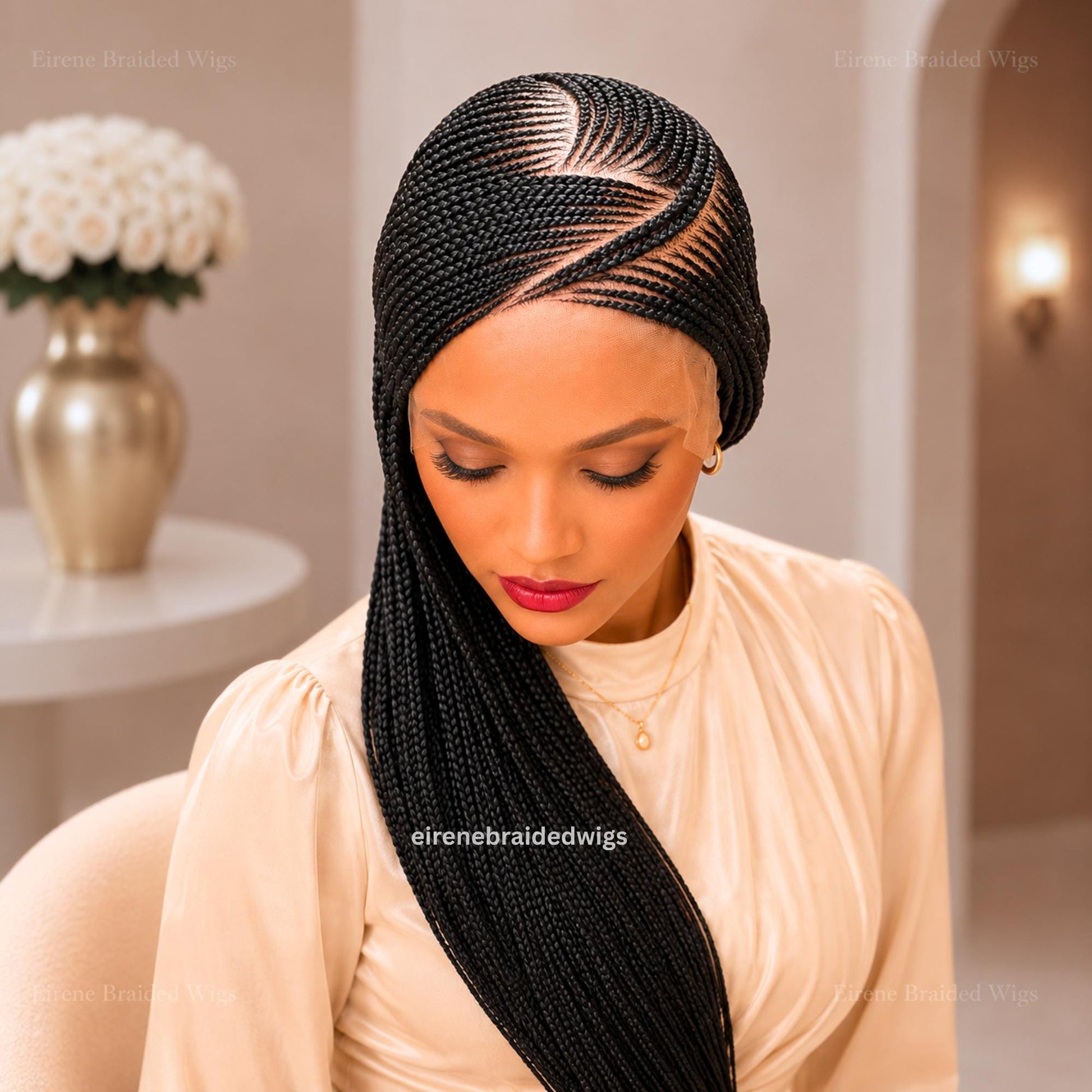 Braided Wigs for Black Women – Red Burgundy Brunette Lace Frontal C-curve Braided Wig – Fulani Tribal Cornrow –  – product image 4