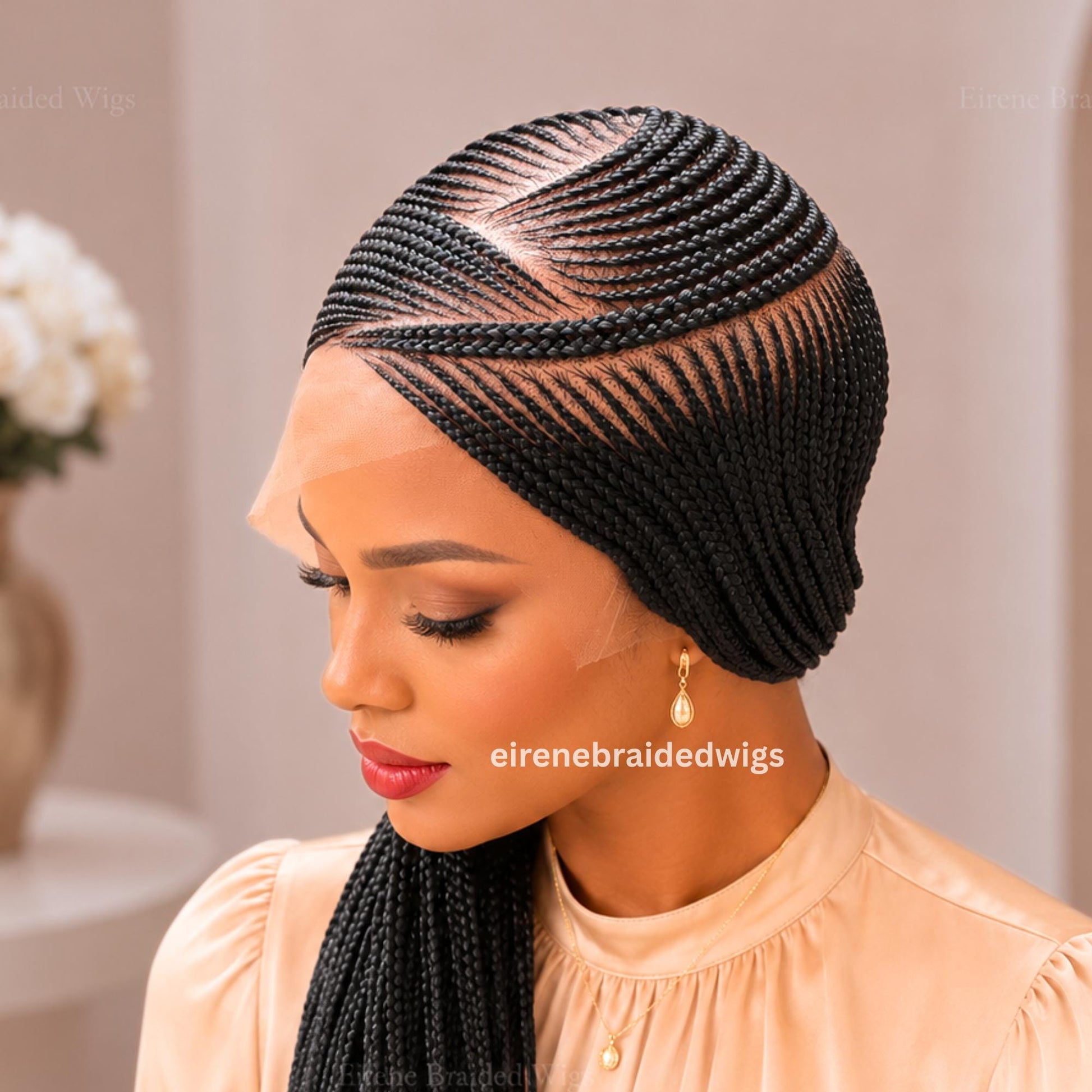 Braided Wigs for Black Women – Red Burgundy Brunette Lace Frontal C-curve Braided Wig – Fulani Tribal Cornrow –  – product image 2