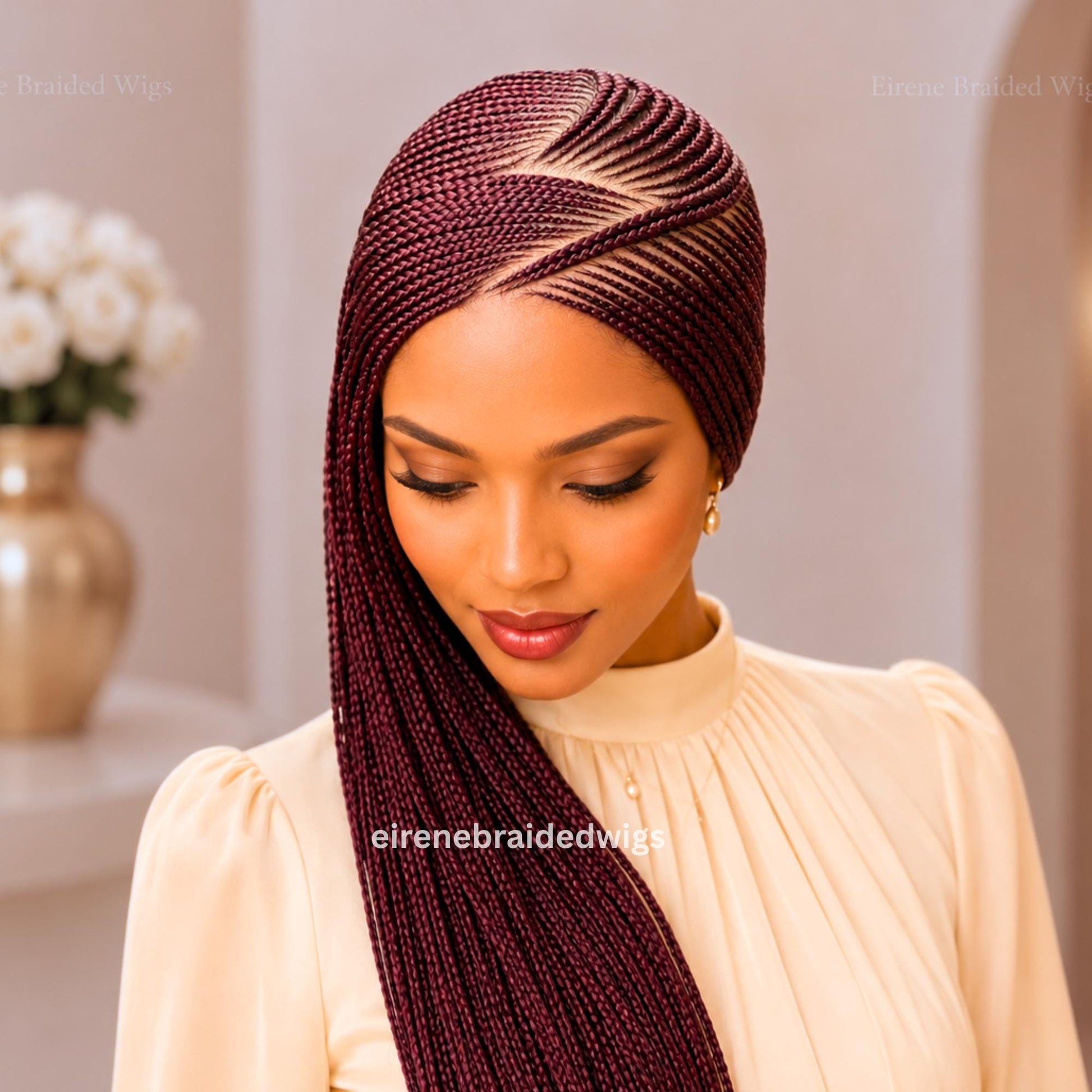 Braided Wigs for Black Women – Red Burgundy Brunette Lace Frontal C-curve Braided Wig – Fulani Tribal Cornrow –  – product image 5