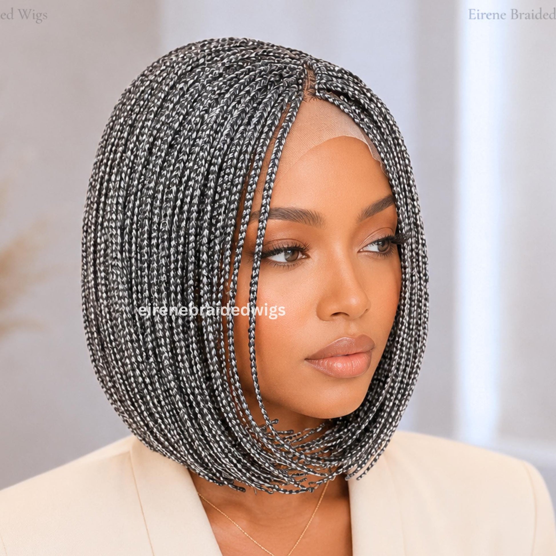 Braided Wigs for Black Women – Salt and Pepper Short Bob Single Box Braids Wig – Side Parting Light-weight Wig – product image 3