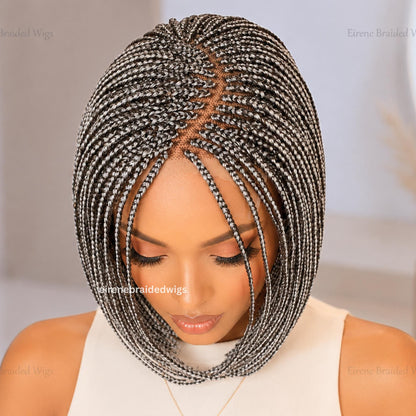 Braided Wigs for Black Women – Salt and Pepper Short Bob Single Box Braids Wig – Side Parting Light-weight Wig – product image 1